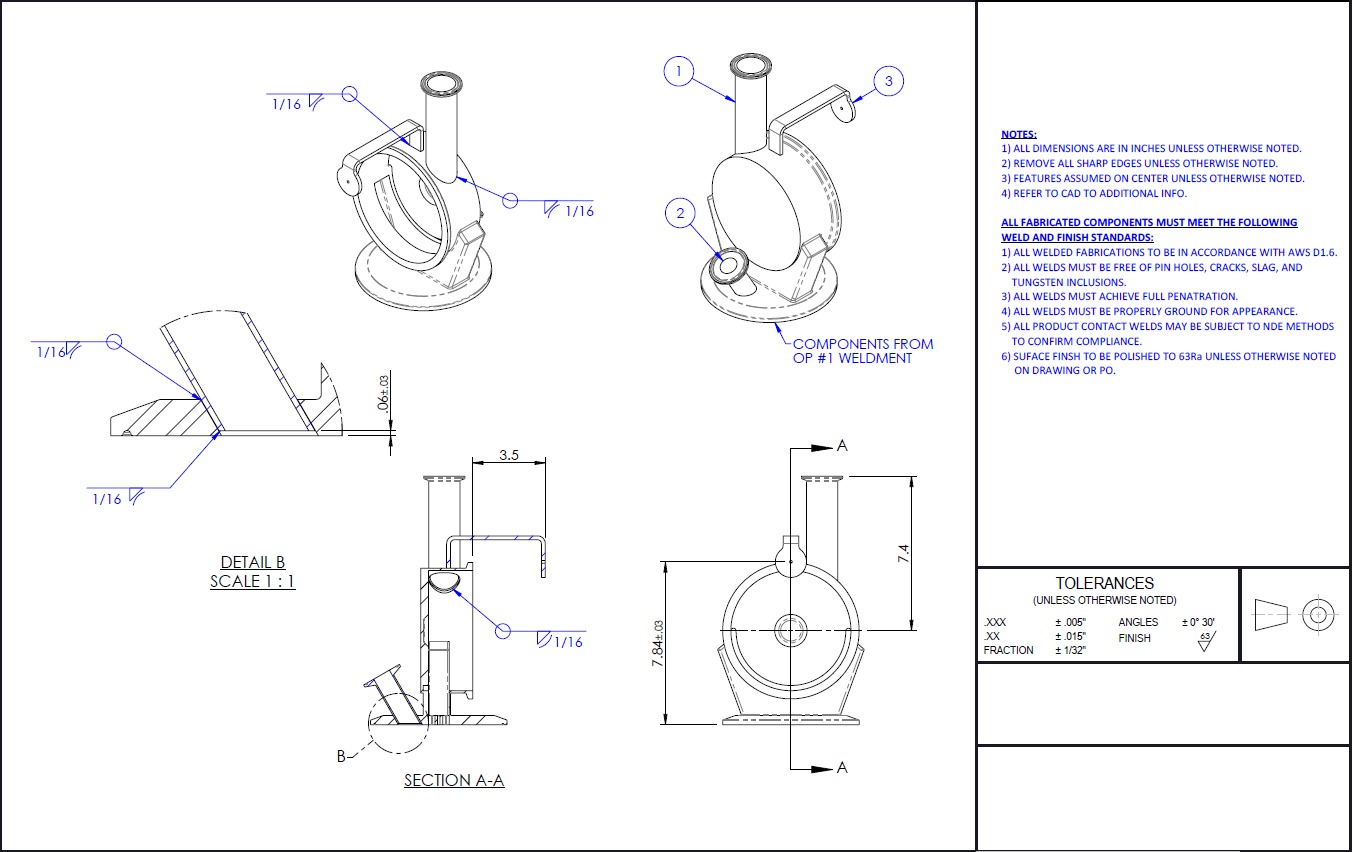 Customer engineering drawing of the Pharma Housing weldment — isometric views, weld callouts and section details